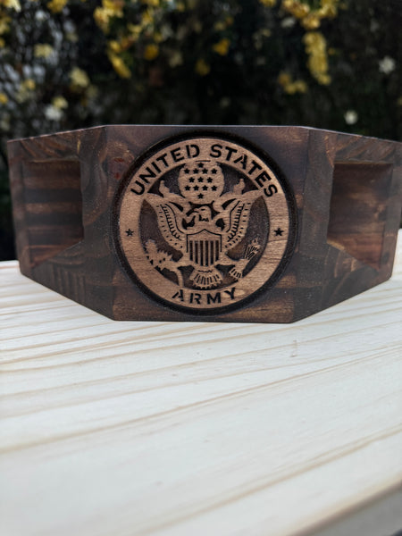 Wooden Passive Sound Amplifier with Armed Services Logo